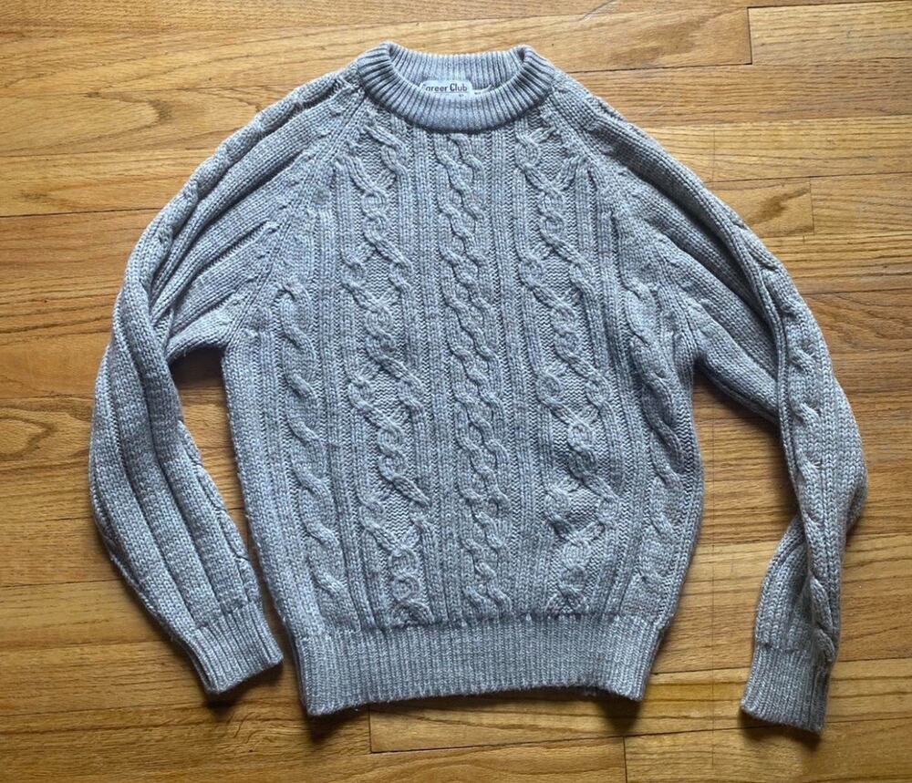 VTG Career Club Grey Chunky Crewneck Cableknit Fisherman Sweater Grey M
